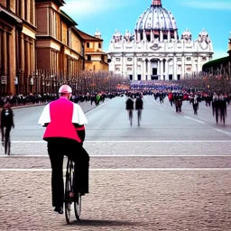 Pope riding bicycle, Rome, St Peter's basilica, photo realistic, 8k