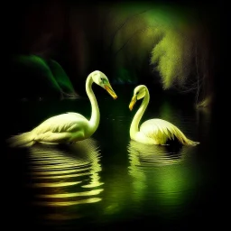 two swans in a romantic lake, dark green and warm yellow color, fantasy atmosphere