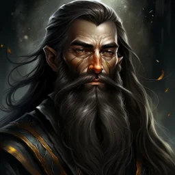 dnd, fantasy, wizard, portrait, face, close up, long beard, black hair, angular features, long, slender