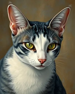 Detailed Surreal Portrait of Oriental blue and white tabby cat, with a triangular slender white face, large ears and green eyes by Gustav Klimt muted colors.