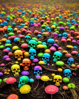 a field of skulls growing from the ground like fungus, multi colored, bright, vivid, psychedelic high detailed, matte, bunches and bubbled up mini skulls and sinew, horrorcore, vines