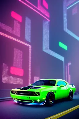 schönes foto von einem chromlackierten dodge challenger in heckansicht der auf einem highway richtung horizont fährt,miami vice, miami, neon ligths,chrome, synthwave, retro, high detailed,unreal engine, octane render, photo realistic, viele palmen, komplementärfarben