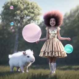 Ultra realistic circus scene. Sweet big hair monster. Child’s playing, smile, happy, color bubbles, smooth color, waist up view, Wes Anderson style, dark ambient, highly detailed, concept art, unreal engine 5, god rays, ray tracing, RTX, lumen lighting, ultra detail, volumetric lighting, 3d, finely drawn, high definition, high resolution.