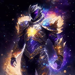 A battle suit made of galaxies and stars with a glove that has seven endless stones Battle armor from the extract of galaxies Battle armor from the extract of galaxies with a fiery sword ,God-like man with infinite power who owns the galaxies and wears a beautiful crown