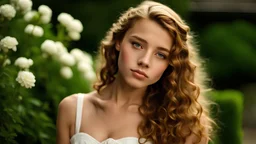 sharp focus and high resolution photo of a beautiful caucasian 16 year old teen girl with long wavy amber hair. She has full lips, a cute turned up nose and large expressive brown eyes with high arched eyebrows. She is in a garden. She is wearing a white bustier. She is gazing at the viewer