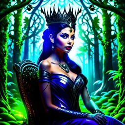 Morena Baccarin as a beautiful sexy dark elf queen seated elegantly on a throne in a mystical forest, dark celtic vignette frame, photo-realistic, cinematic lighting, award-winning photography