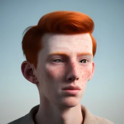 short redheaded boy with a long face and freckles , realistic, 8k,