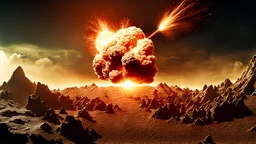 un fondo épico de explosión del planeta un asteroide, desde la perspectiva de una montaña,el fin del mundo, estilo miniatura para youtube,