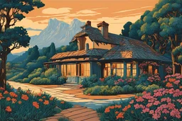 museum quality color woodcut landscape of a fanciful 1920's French country cottage in the style of Gustave Baumann, with a fine art aesthetic, highly detailed, finely cut ,8k render,