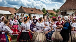 hungarian village wedding, group of women dancing in authentic Hungarian sárköz colorful folk dress with flowers shapes , high realistic, high qulity, detailed, happy, stunning, perfect photo