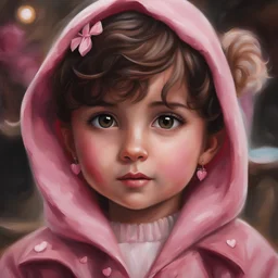 Painting of a little girl with big hazel eyes and short brown hair with a pink jacket and heart earrings, Iranian little girl, 2 years old, adorable eyes, cute face, light colors, adorable little girl, oil painting, innocent little girl, beautiful oil painting, painting style, Iranian art