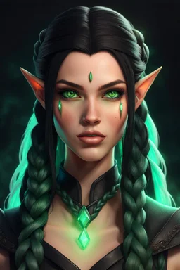 Young beautiful female Hexblood warlock character. Lightly tanned skin. Long straight jet-black hair to the waist. Half-up hairstyle with two loose Dutch braids on each side. Bright glowing pale emerald-green eyes. Delicate face. High cheekbones. Full lips. Soft smile. Slightly pointed ears. Faint dark vine-like markings on neck and collarbone. Realistic dark fantasy. Highly detailed. Cinematic lighting.