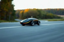 wireless computer mouse with four car wheels driving on the right side of a road