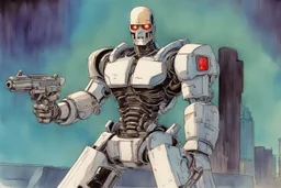 retro anime style, full color, dark serious 1980s anime terminator like robot, moebius artist, magic, watercolor,