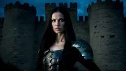 A Beautiful slender caucasian teen female fashion model with long shiny black hair. She is wearing medieval armor. She is standing next to a castle wall at night. The sky behind her looks threatening and ominous. She is looking at the viewer.