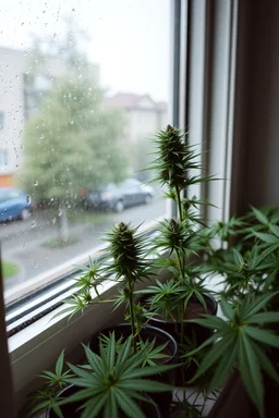 marijuanas plants on a windowsill on a rainy day