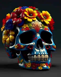 make 3d render realistic Mexican skull of vivid colors with flowers