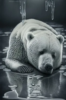 polar bear melting into a puddle, hyper-realistic photography, detailed expression of agony, hyper-realistic fur and anatomy details, Takeshi Kawano style, engraved fur details, anatomically correct animal, dark colour tone, epic colour treatment, cinematic colour treatment, meticulously intricate perfectly symmetrical extremely detailed, pixiv daily ranking, pixiv, extreme depth of field, artstation, sculpture style, spectacular details, volumetric lighting, masterpiece, cinematic, Hollywood pr