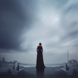 A princess standing. Epic scale. Heavy cold rain. Epic Thunderstorm. An engineer looking up. Futuristic scenary. Gray mist.