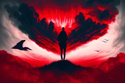 A dark sihlouette of a person flying among the beautiful haunting blood-red clouds