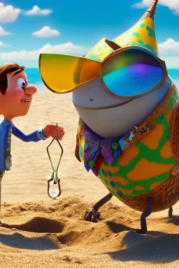 The hangman and the locust on the beach happily making sandcastles in the sun, art by Pixar and Dreamworks