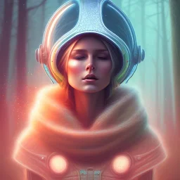 spray painting fantasy art, portrait blonde with light helmet in mummy sweater, standing in portal to forest world from desert world,poetry book illustration