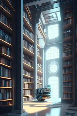 A modern library. Robotic book delivery, everything is automated. Cutting-edge library interior design. Everything is drawn in detail, in high resolution. 8k