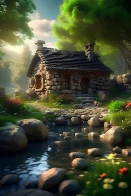 Beautiful cozy fantasy stone cottage in a spring forest aside a cobblestone path and a babbling brook. Stone wall. Mountains in the distance. Magical tone and feel, hyper realistic.