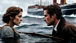 Write a scene where Jack and Rose say goodbye to each other as Rose boards a rescue boat on the sinking Titanic. The tension is palpable as they express their love for each other amidst chaos and tragedy. Jack's heartbreak is evident as he watches Rose leave, knowing they may never see each other again. The scene captures the emotional turmoil of the moment and the overwhelming sense of loss as the ship continues to sink.