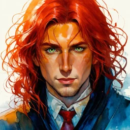 dnd, fantasy, watercolour, stylistic, portrait, illustration, dull colours, male, face, narrow face, green eyes, determined, happy, red hair, very long hair streaming down the shoulders, radiating light, five o'clock shadow