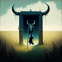 High concept art, horror movie aesthetic in the spirit of "Pan's Labrynth", (no text), fine digital illustration, in an empty field of knee-high grass is a wooden doorway revealing a portal of brilliant light, guarding doorway is a fearsome minitour holding an axe who has a television set on his head broadcasting a picture of a bull head, sinister, concept art, oddball masterpiece, sfumato, complex contrast, dynamic composition