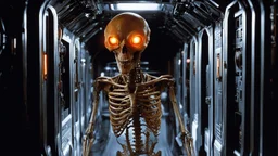 [Alien (1979)] skeletal android with internal mechanisms and orange glowing eyes in blood soaked spaceship corridor