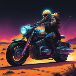 [speedy sci-fi concept design by Dorohedoro] Jesus Christ rides a flashy cyberpunk style motorcycle with big engine and lights in the dark, across the desert