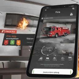 **Content Visual Art:** An augmented reality app that gamifies fire safety training. Users can scan their environment to identify potential fire hazards, practice extinguisher techniques on virtual fires, and learn evacuation procedures. The app features customizable difficulty levels and interface options to accommodate various disabilities. **Appearance:** Content art ideas combine fire safety training, types of fires, equipment usage, and public awareness, with a focus on inclusivity and disa