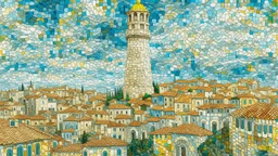 A white town with a cloudy tower designed in ancient Greek mosaics painted by Vincent van Gogh