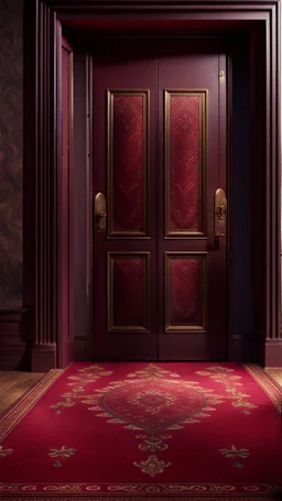 A magic door opening to one native a, high quality, high details , 8k, hyper realistic, magic style , burgundy color carpet in front
