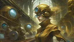 dystopian, steampunk, cyber, humanoid robots in a large industrial warehouse, giant screens, by artgerm and yoshitaka amano and maciej kuciara and moebius and alphonse mucha, hyperdetailed, dc comics, ornate, nebula, explosions in the sky, trending on artstation