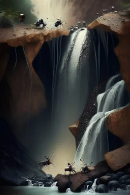 waterfall with ants