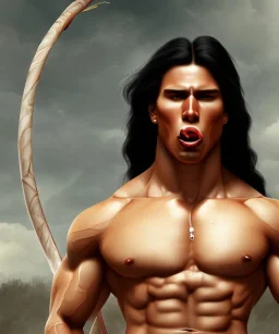 native american warrior, long black hair, big muscles, face up, mouth wide open, scream face, shirtless