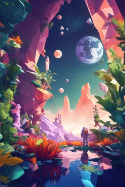 (((close midshot))), (((low poly art:2))), (astronaut), ultra detailed illustration of an environment on a dangerous:1.2 exotic planet with plants and wild (animals:1.5), (vast open world), astroneer inspired, highest quality, no lines, no outlines candid photography. by Lekrot