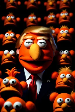 Waist up EVIL muppet Portrait of Accurately representing Angry evil Orange Donald J Trump as muppet doll made of felt, Evil president, photo studio, black background, unreal engine 5, concept art, art station, ray tracing, lumen lighting, ultra detail, volumetric lighting, 3d. He looks 80 years old.