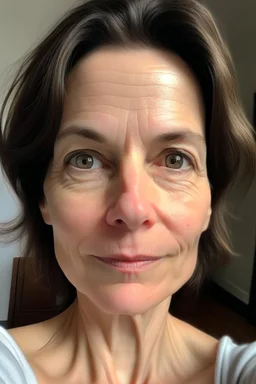 A selfie of a brunette woman, middle short hair taken after massage at spa salon. showing a 47-year-old European woman. She has white skin, tousled brown hair, face without makeup, big round brown eyes, cute profiled nose, detailed full lips, skin texture.