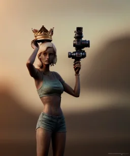 Statue of Queen of photography holding camera in hands. Cute blonde woman. Photographer in golden crown. Standing on the street. Big camera in her hand. hyperdetailed, photorealistic, trending on artstation, greg rutkowski, beksinski, kodachrome, volumetric lighting, gold and cyan