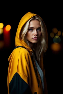 portrait of a 20 year old womann with blond hair, wearing a hoodie. photorealistic.4k