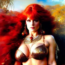 Drawing of beautiful face busty red Sonja, balanciaga fashion clothe painting by gaston bussiere, greg rutkowski, yoji shinkawa, yoshitaka amano, tsutomu nihei, donato giancola, tim hildebrandt, oil on canvas, cinematic composition, extreme detail,fit full head inside picture,16k