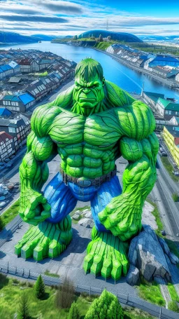 drone shot, close up portrait of Hulk over Nidelven in Trondheim