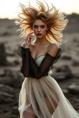 Masterpiece quality Photograph of a 19 year old model with large hair poof, fashion editorial style for a sheer dress, artistic aesthetic, exploring avant garde poses, sheer beauty taken with a Nikon z8, photorealistic, high quality, trending on reddit, 8k