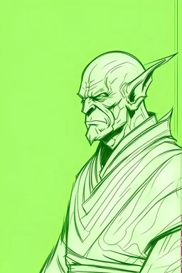 character drawing, fine detail, light green solid background.