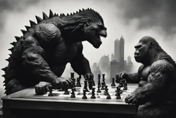 a Godzilla and king kong playing a game of chess