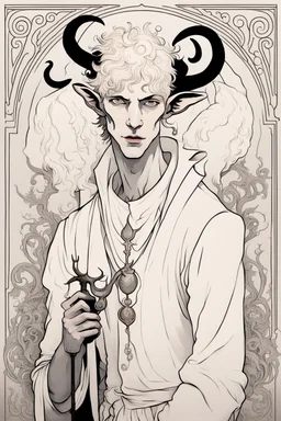 young satyr male albino alchemist with goat horns in the style of Aubrey Beardsley